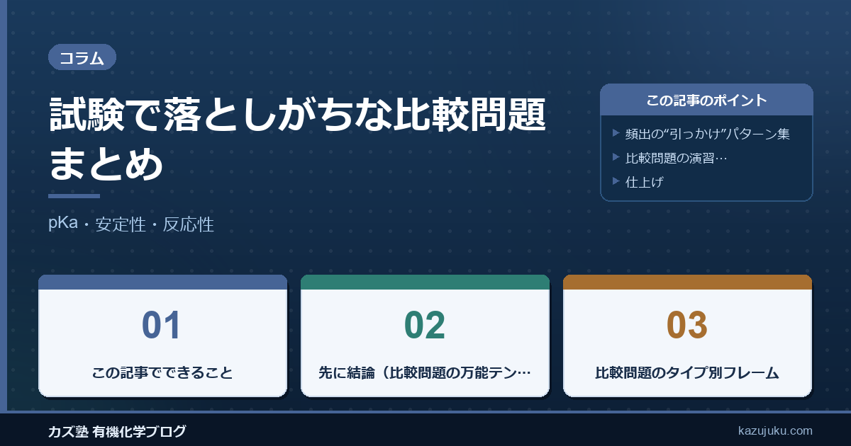 試験で落としがちな比較問題まとめ：pKa・安定性・反応性