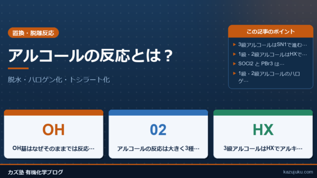アルコールの反応とは？脱水・ハロゲン化・トシラート化をわかりやすく解説
