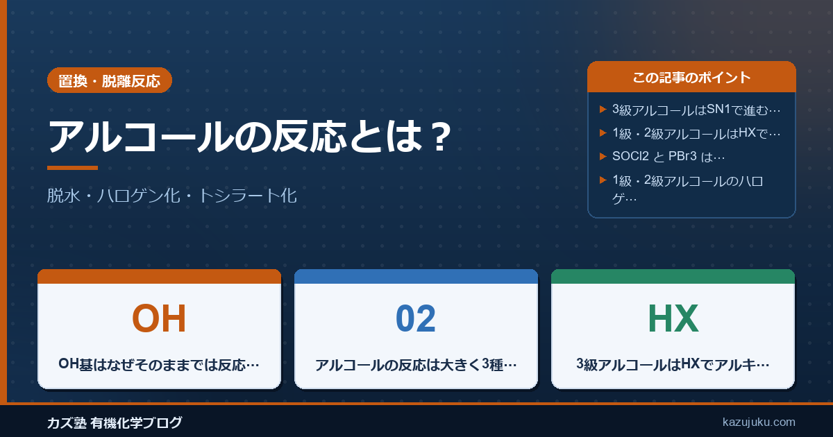 アルコールの反応とは？脱水・ハロゲン化・トシラート化をわかりやすく解説