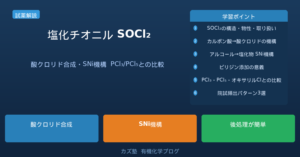 塩化チオニル（SOCl₂）完全解説【カルボン酸→酸クロリド・アルコール→塩化物の機構・PCl₃/PCl₅との比較】