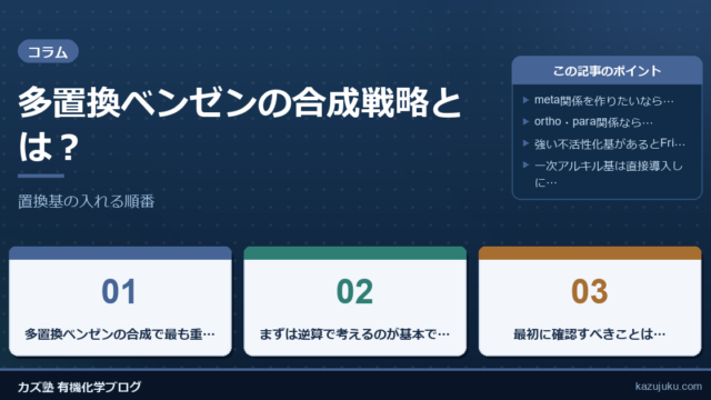 多置換ベンゼンの合成戦略とは？置換基の入れる順番をわかりやすく解説