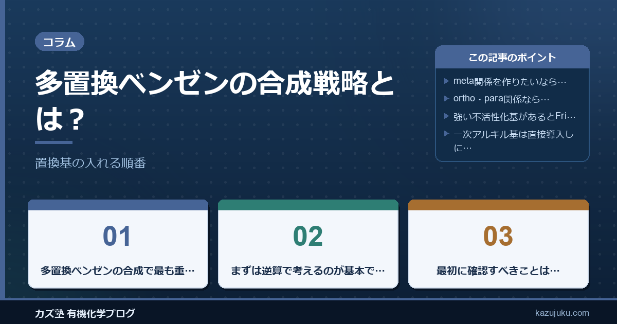 多置換ベンゼンの合成戦略とは？置換基の入れる順番をわかりやすく解説